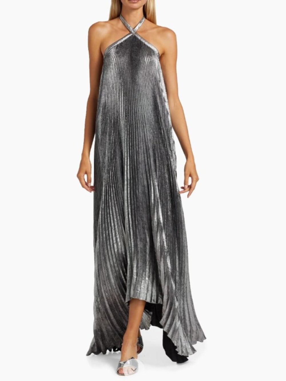 L'Idée La Fête Déesse Metallic Asymmetric Pleated Halterneck Gown